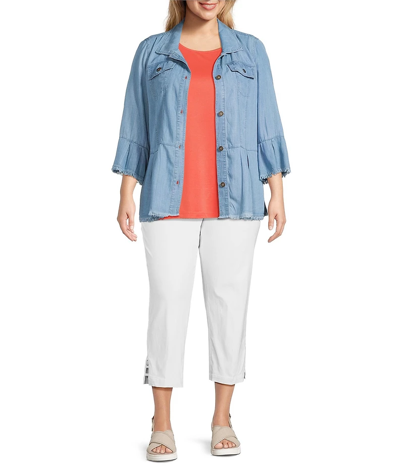 Multiples Plus Size Solid Lyocell Point Collar 3/4 Flounce Sleeve Button Front Peplum Jacket