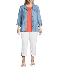 Multiples Plus Size Solid Lyocell Point Collar 3/4 Flounce Sleeve Button Front Peplum Jacket
