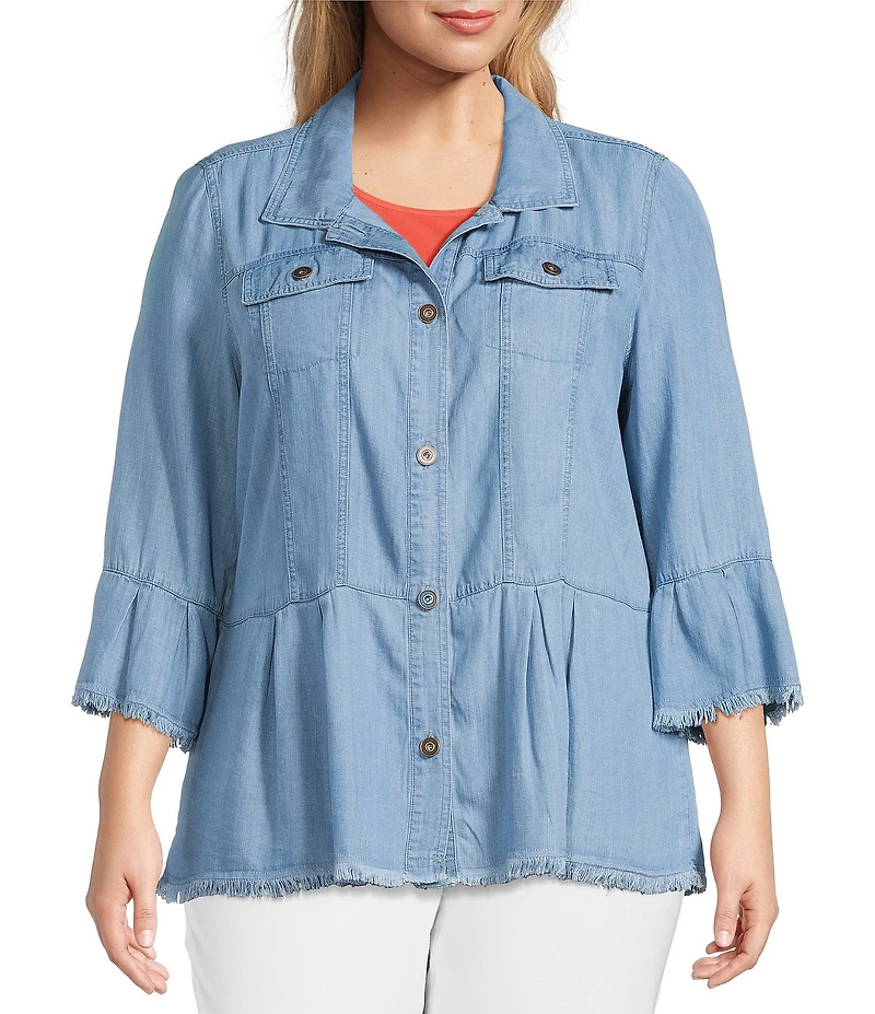 Multiples Plus Size Solid Lyocell Point Collar 3/4 Flounce Sleeve Button Front Peplum Jacket