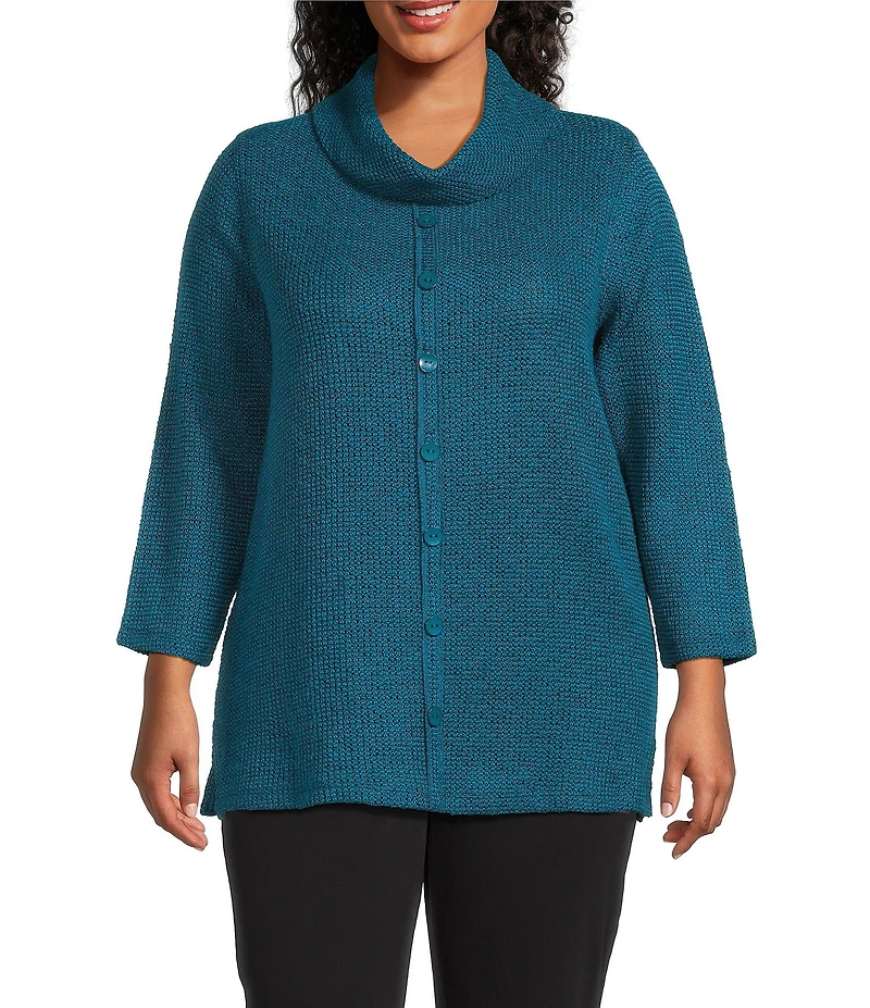 Multiples Plus Size Textured Novelty Knit Cowl Neck 3/4 Sleeve Top