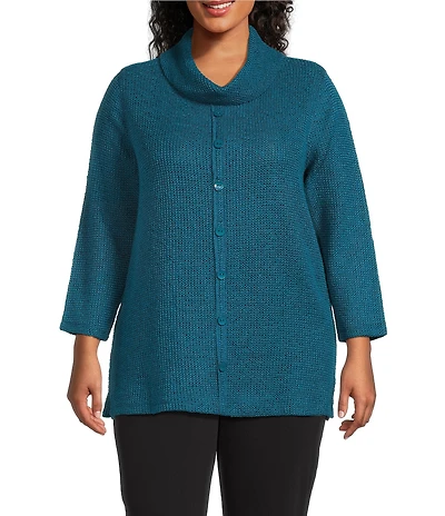 Multiples Plus Size Textured Novelty Knit Cowl Neck 3/4 Sleeve Top