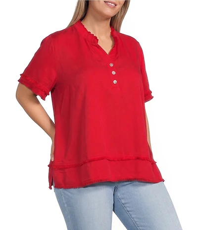 Multiples Plus Size Woven Band Collar Short Sleeve Double Fringe Trim Top