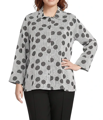 Multiples Plus Size Woven Black White Print Point Collar 3/4 Turn-Up Sleeve Button-Front Shirt
