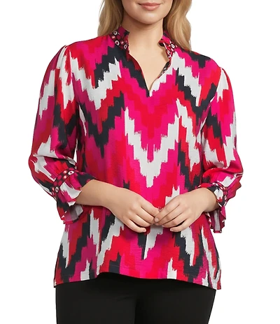 Multiples Plus Size Woven Chevron Print Ruffle Stand Collar 3/4 Sleeve Top