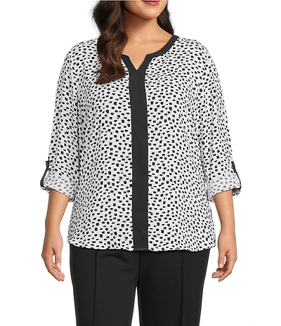 Multiples Plus Size Woven Dotted Split Round Band V-Neck Long Roll-Tab Sleeve Top