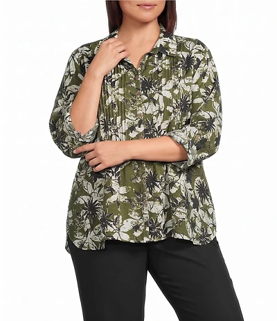 Multiples Plus Size Woven Floral Multi Print Point Collar 3/4 Roll-Tab Sleeve Button-Front Crinkle Shirt