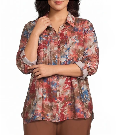 Multiples Plus Size Woven Floral Multi Print Point Collar 3/4 Roll-Tab Sleeve Button-Front Crinkle Shirt