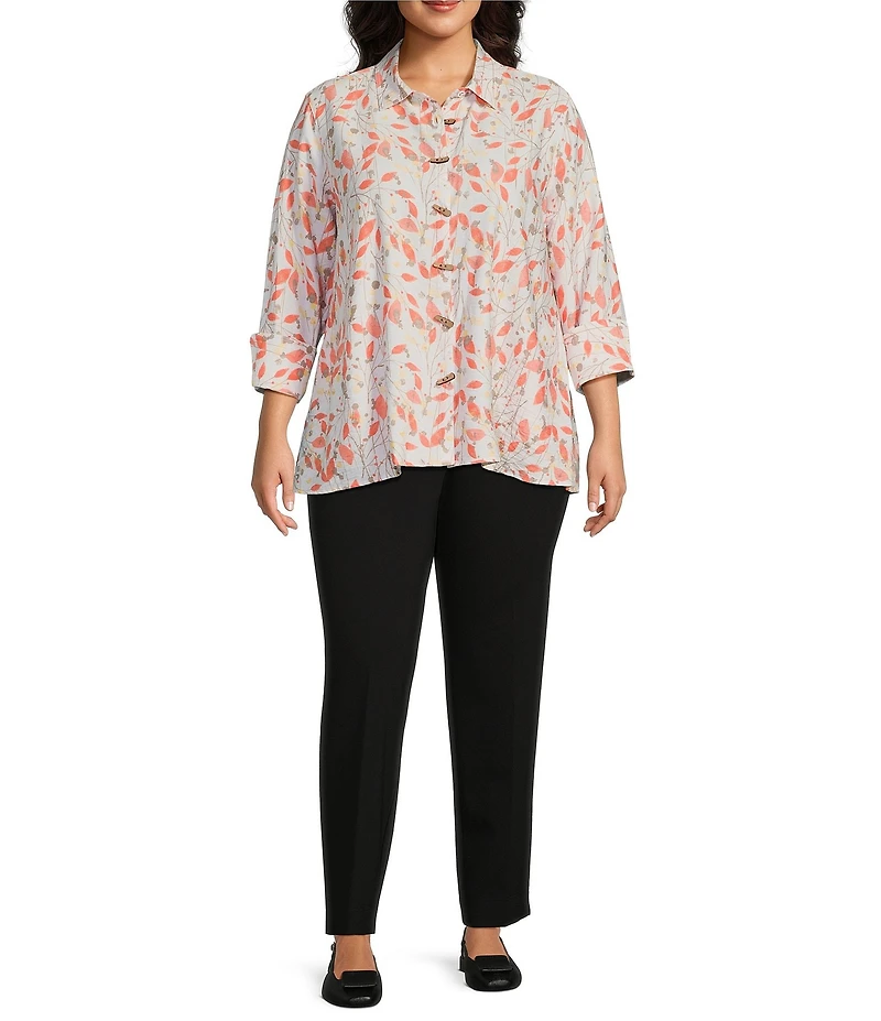 Multiples Plus Size Woven Leaf Print Point Collar 3/4 Turn-Up Sleeve Button Front Fitted Shirt