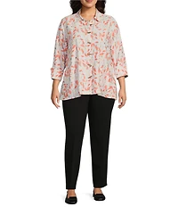 Multiples Plus Size Woven Leaf Print Point Collar 3/4 Turn-Up Sleeve Button Front Fitted Shirt