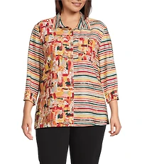 Multiples Plus Size Woven Multi Print Point Collar 3/4 Sleeve Button Front Fitted Shirt