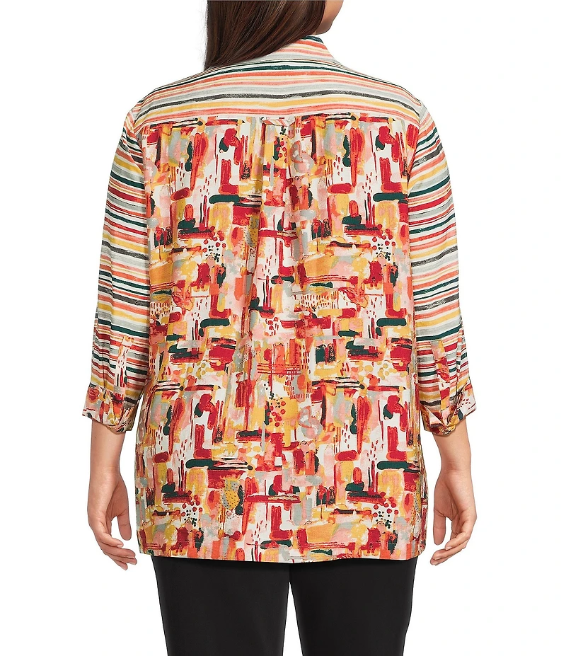 Multiples Plus Size Woven Multi Print Point Collar 3/4 Sleeve Button Front Fitted Shirt