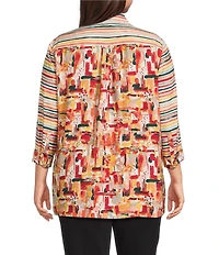 Multiples Plus Size Woven Multi Print Point Collar 3/4 Sleeve Button Front Fitted Shirt