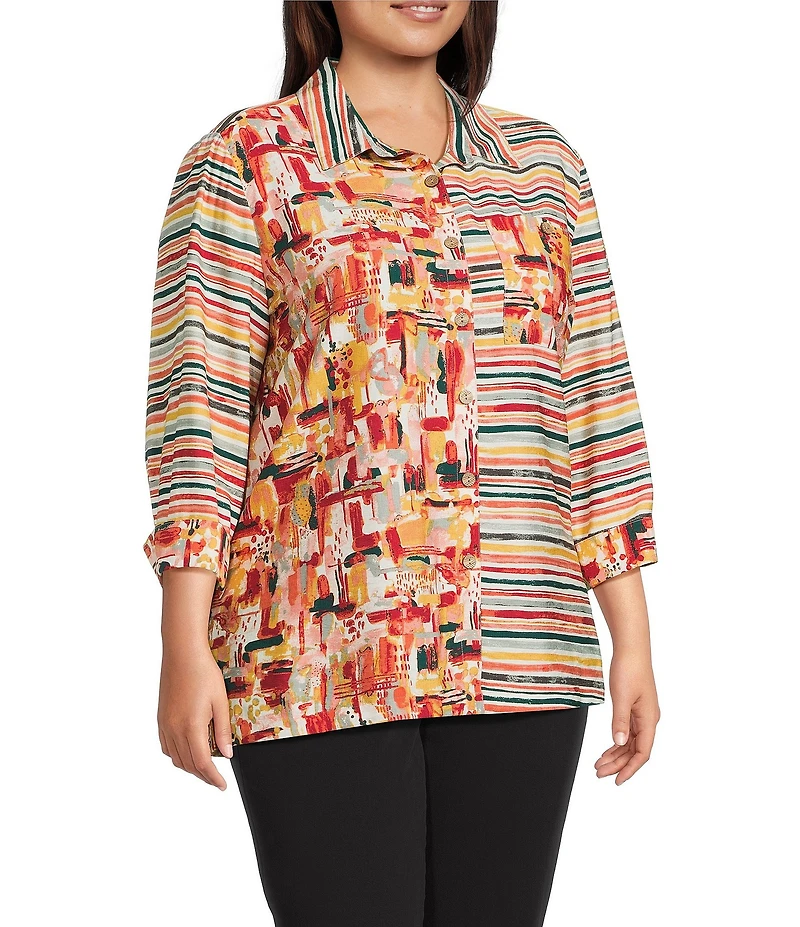 Multiples Plus Size Woven Multi Print Point Collar 3/4 Sleeve Button Front Fitted Shirt