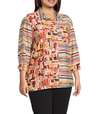 Multiples Plus Size Woven Multi Print Point Collar 3/4 Sleeve Button Front Fitted Shirt