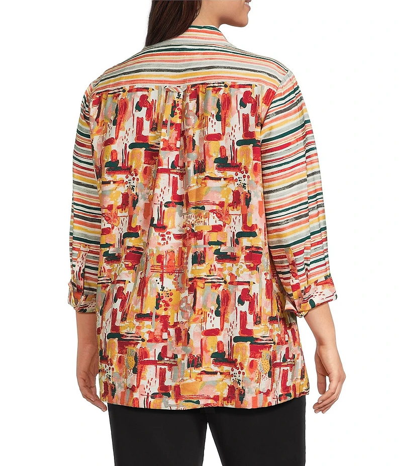 Multiples Plus Size Woven Multi Print Point Collar 3/4 Sleeve Button Front Fitted Shirt