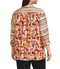 Multiples Plus Size Woven Multi Print Point Collar 3/4 Sleeve Button Front Fitted Shirt