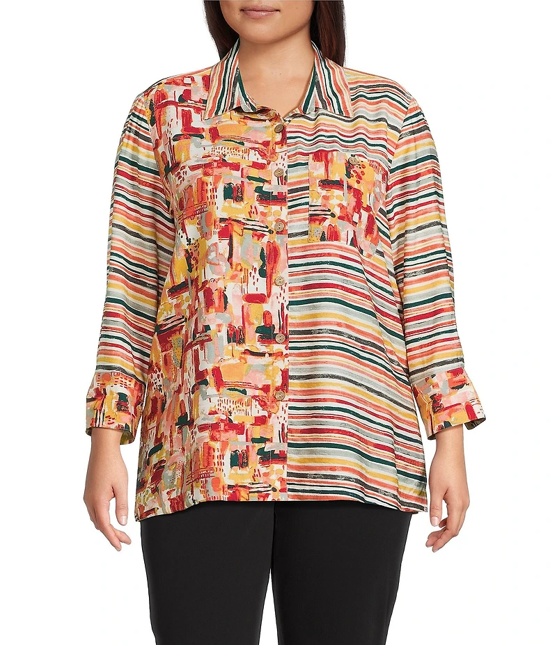 Multiples Plus Size Woven Multi Print Point Collar 3/4 Sleeve Button Front Fitted Shirt