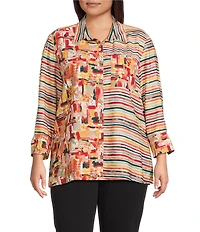 Multiples Plus Size Woven Multi Print Point Collar 3/4 Sleeve Button Front Fitted Shirt