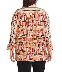 Multiples Plus Size Woven Multi Print Point Collar 3/4 Sleeve Button Front Fitted Shirt