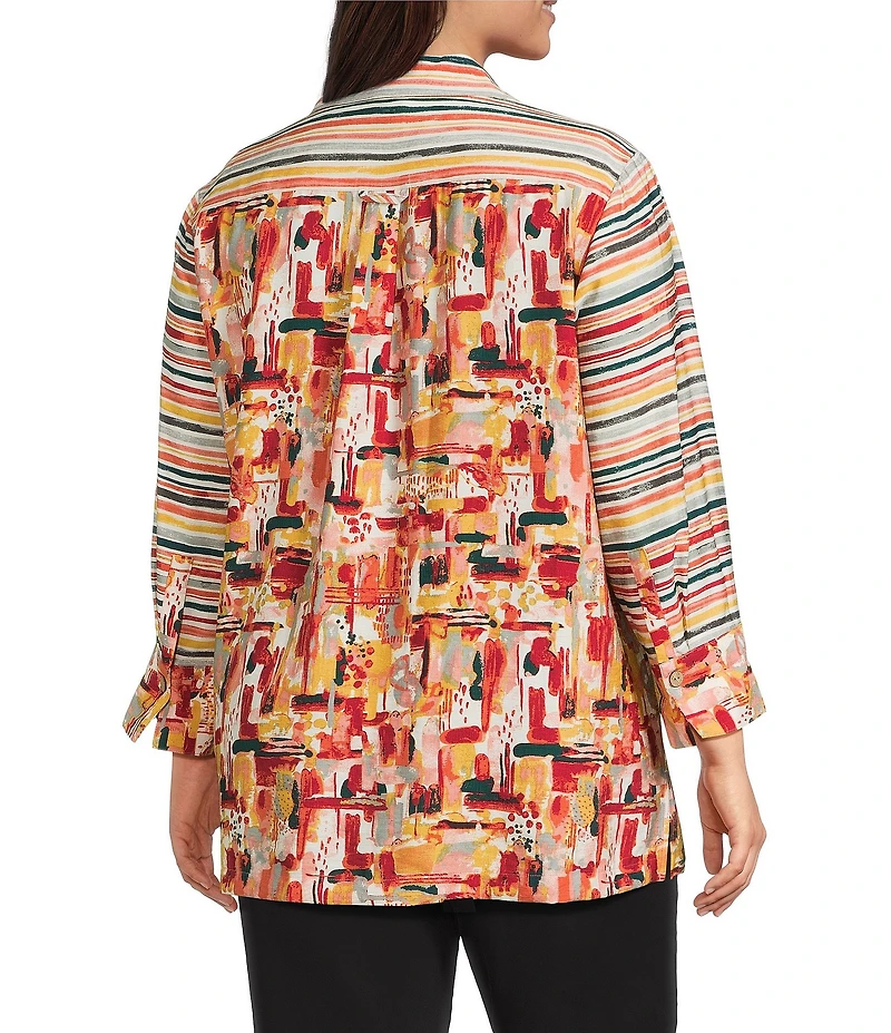 Multiples Plus Size Woven Multi Print Point Collar 3/4 Sleeve Button Front Fitted Shirt