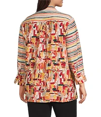 Multiples Plus Size Woven Multi Print Point Collar 3/4 Sleeve Button Front Fitted Shirt
