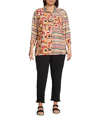 Multiples Plus Size Woven Multi Print Point Collar 3/4 Sleeve Button Front Fitted Shirt