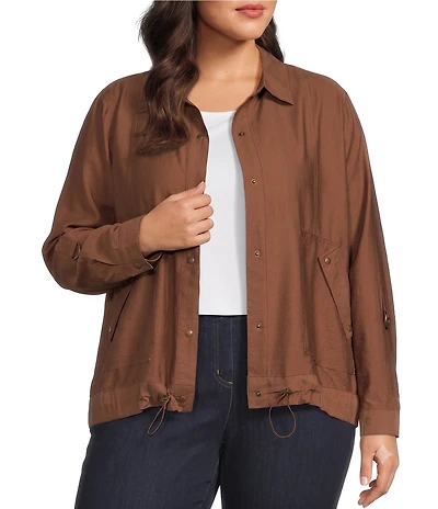 Multiples Plus Size Woven Point Collar Long Roll-Tab Sleeve Snap Front Jacket