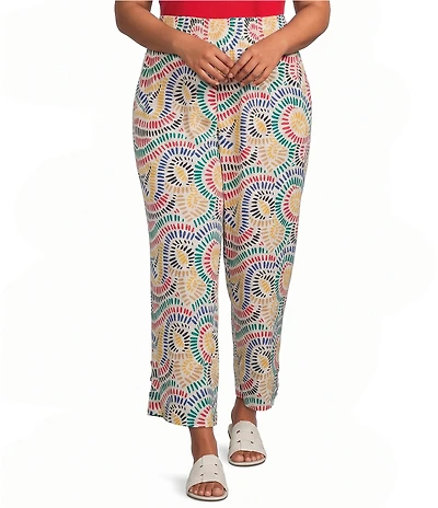 Multiples Plus Size Woven Print Wide Leg Crop Length Pull On Pants