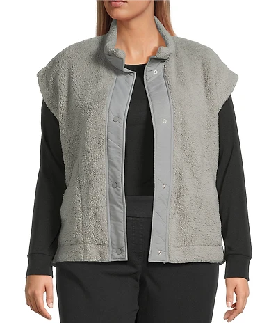 Multiples Plus Size Woven Stand Collar Sleeveless Snap-Front Fitted Vest