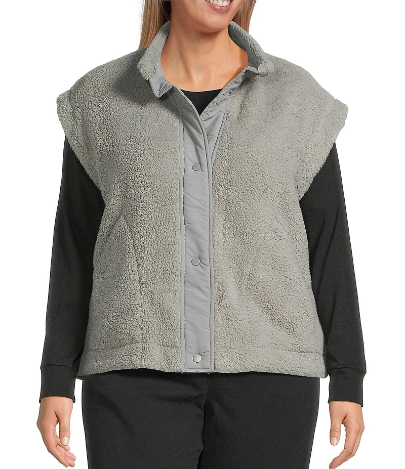 Multiples Plus Size Woven Stand Collar Sleeveless Snap-Front Fitted Vest