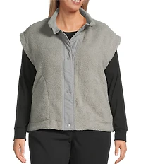 Multiples Plus Size Woven Stand Collar Sleeveless Snap-Front Fitted Vest