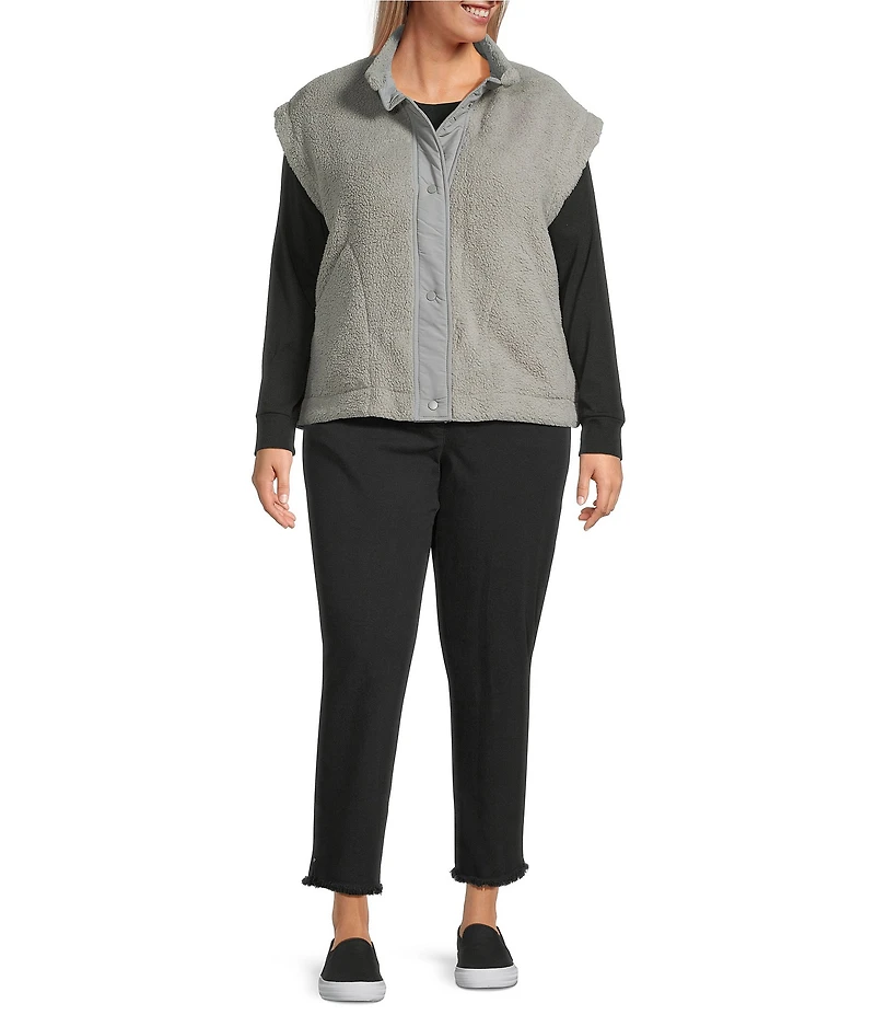 Multiples Plus Size Woven Stand Collar Sleeveless Snap-Front Fitted Vest