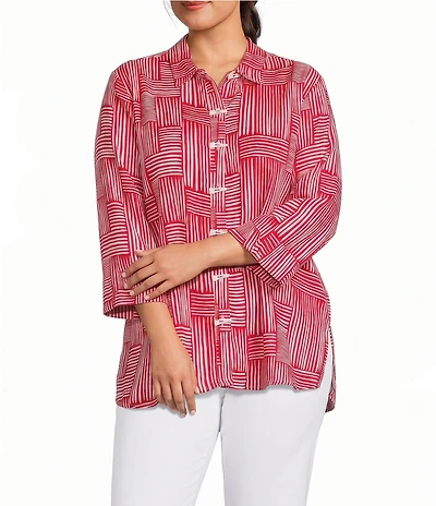 Multiples Plus Size Woven Stripe Point Collar 3/4 Turn Up Cuff Sleeve Button Front Shirt