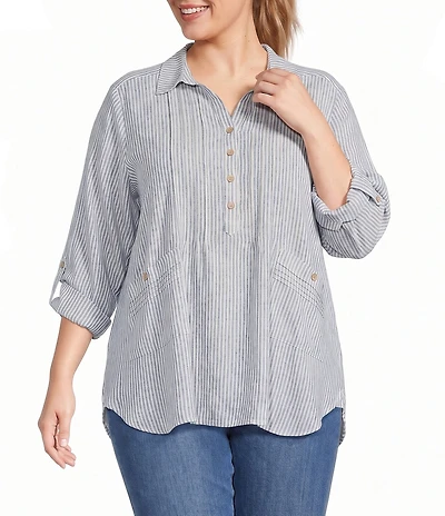Multiples Plus Size Woven Yarn Dyed Stripe Point Collar 3/4 Roll-Tab Sleeve Pintuck Button-Front Shirt
