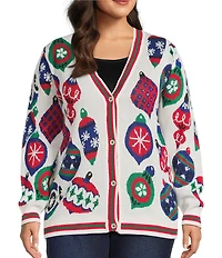 Multiples Plus Size Yarn-Dye Jacquard Embellished Ornaments Long Sleeve Button-Front Sweater Knit Cardigan