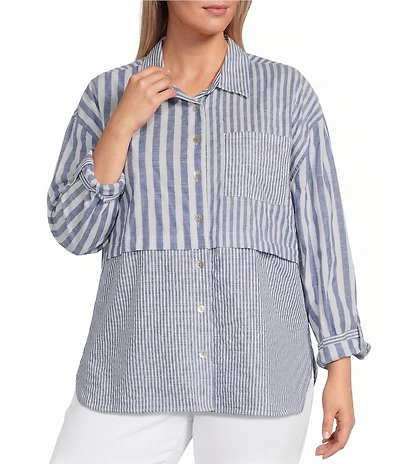 Multiples Plus Size Yarn-Dye Stripe Point Collar Long Roll-tab Sleeve Button-Front Shirt