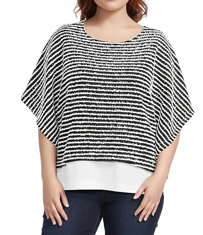 Multiples Plus Size Yarn-Dyed Boat Neck 3/4 Sleeve Stripe Poncho Top