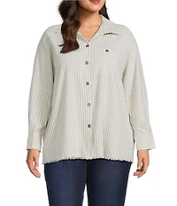 Multiples Plus Yarn Dye Stripe Point Collar Long Sleeve Button Front Flannel Shirt