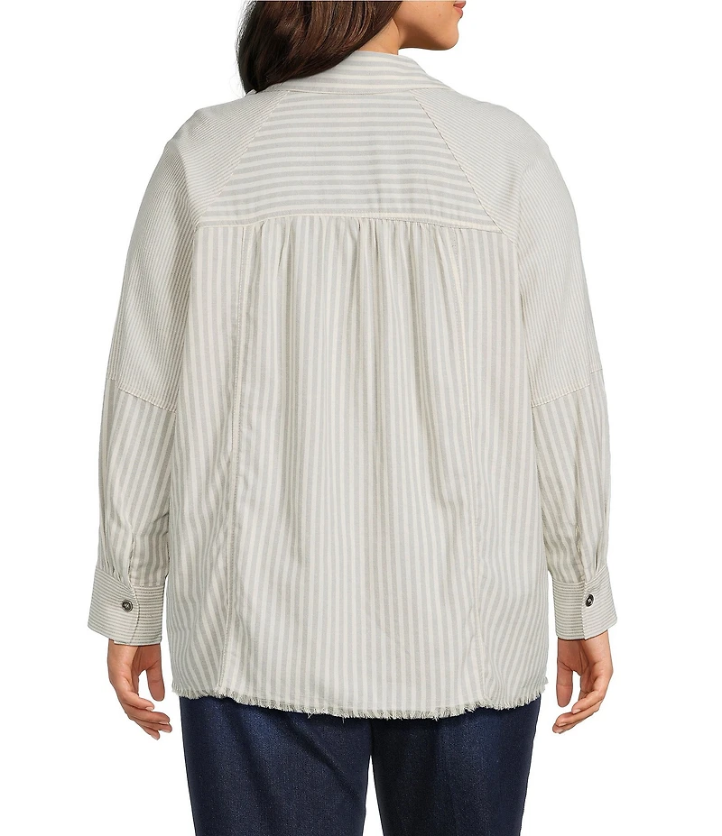 Multiples Plus Yarn Dye Stripe Point Collar Long Sleeve Button Front Flannel Shirt