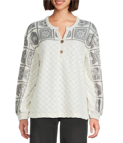 Multiples Plush Square Pattern Y-Neck Long Cuffed Sleeve Top