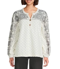 Multiples Plush Square Pattern Y-Neck Long Cuffed Sleeve Top