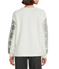 Multiples Plush Square Pattern Y-Neck Long Cuffed Sleeve Top