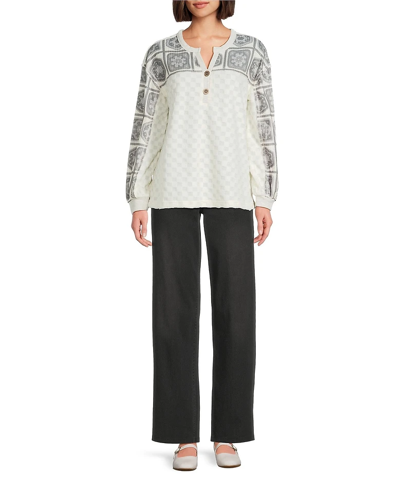 Multiples Plush Square Pattern Y-Neck Long Cuffed Sleeve Top