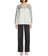 Multiples Plush Square Pattern Y-Neck Long Cuffed Sleeve Top