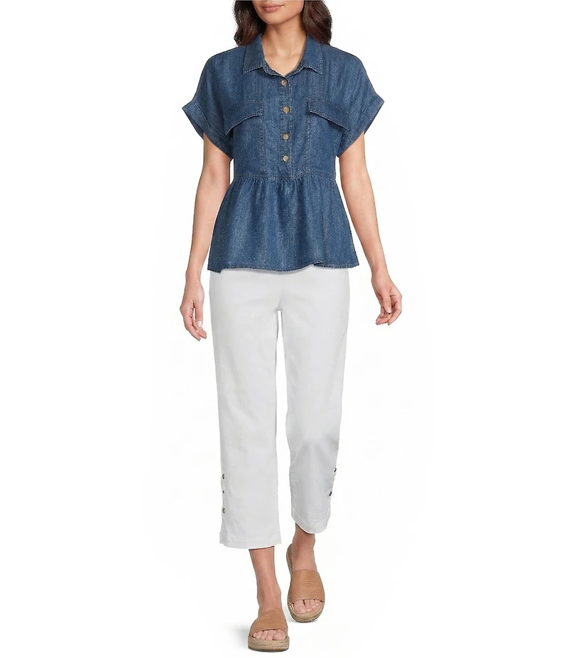Multiples Point Collar Short Dolman Sleeve Peplum Denim Top