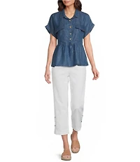 Multiples Point Collar Short Dolman Sleeve Peplum Denim Top