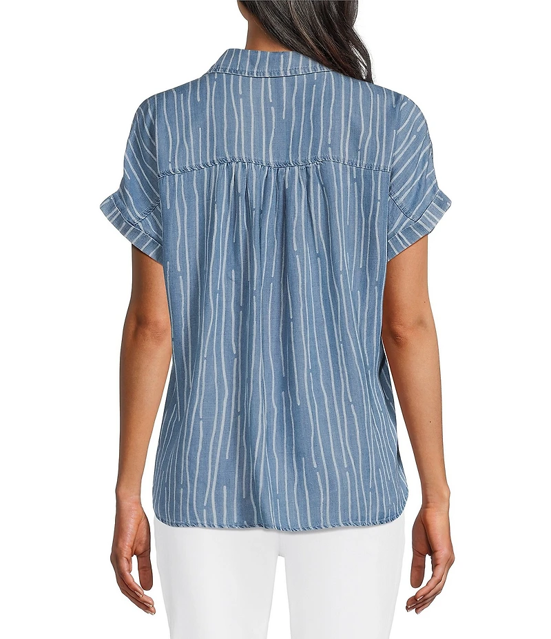 Multiples Print Denim Point Collar Short Dolman Cuffed Sleeve Front Button Placket Top