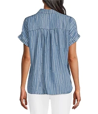 Multiples Print Denim Point Collar Short Dolman Cuffed Sleeve Front Button Placket Top