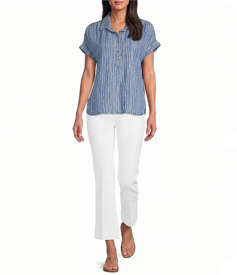Multiples Print Denim Point Collar Short Dolman Cuffed Sleeve Front Button Placket Top