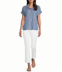 Multiples Print Denim Point Collar Short Dolman Cuffed Sleeve Front Button Placket Top